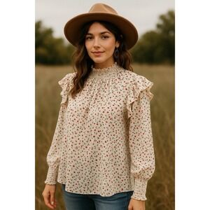 Indie & Co Womens Blouse Top Size XL Multicolor Mock Neck Balloon Sleeve Floral